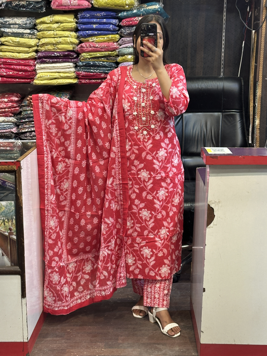 Pure Cotton Pant Suit with Original Mirror Work on Neck with Full Cotton Dupatta