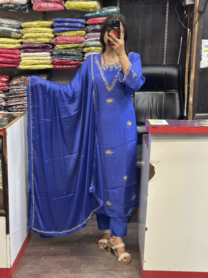 Ink Blue Pure Chinnon Handwork Kurta Pant Suit with lining and Full Chinnon dupatta