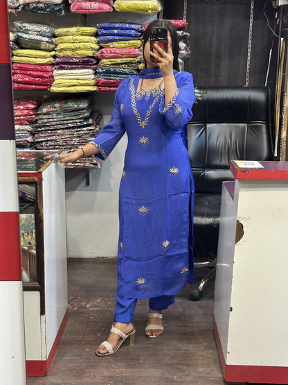 Ink Blue Pure Chinnon Handwork Kurta Pant Suit with lining and Full Chinnon dupatta