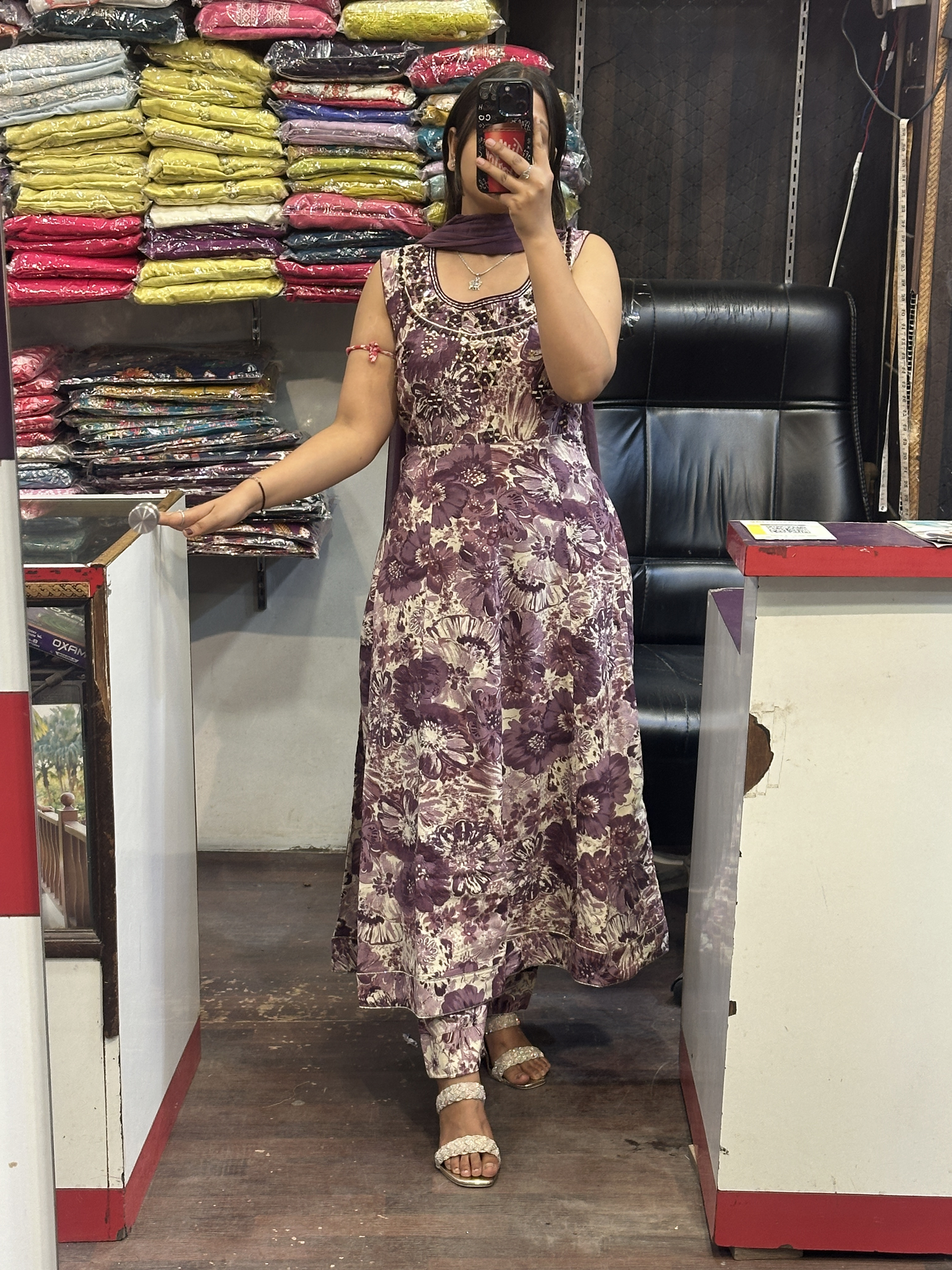Printed cotton Anarkali Suit Mirror work on Neck with Pant and Full Dupatta( full sleeves attached inside )