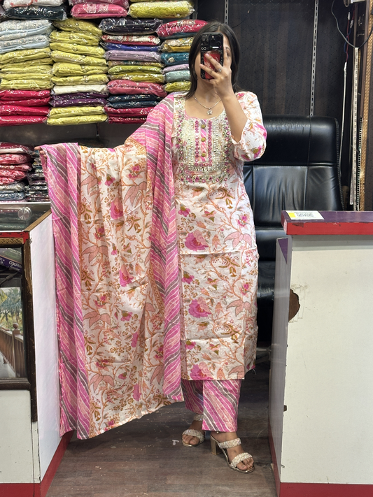 Pure Cotton Pant Suit with Original Mirror Work on Neck with Full Cotton Dupatta