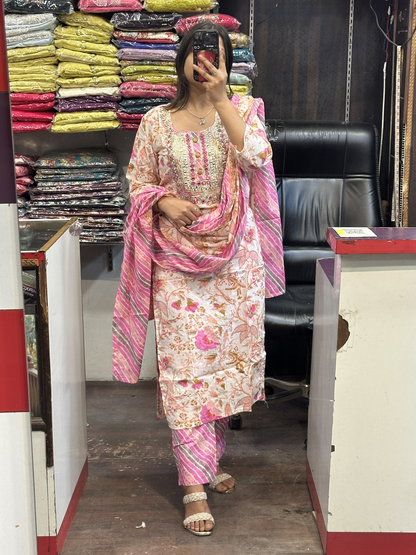 Pure Cotton Pant Suit with Original Mirror Work on Neck with Full Cotton Dupatta