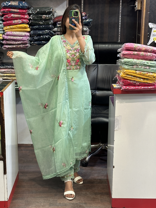 Aqua Light Green V Neck Hand Work Organza Pakistani Suit With Lining & Organza Embroidery Dupatta