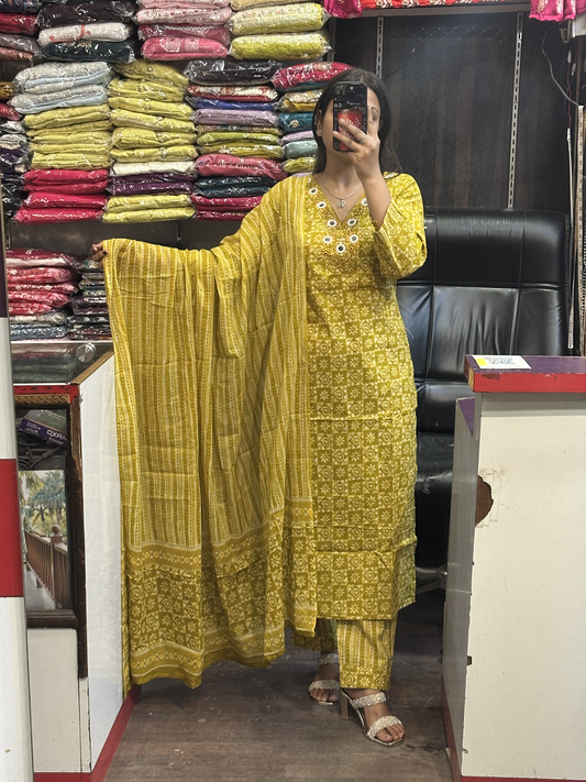 V Neck Orignal Mirror Work Pure Cotton Pant with Full Cotton Dupatta