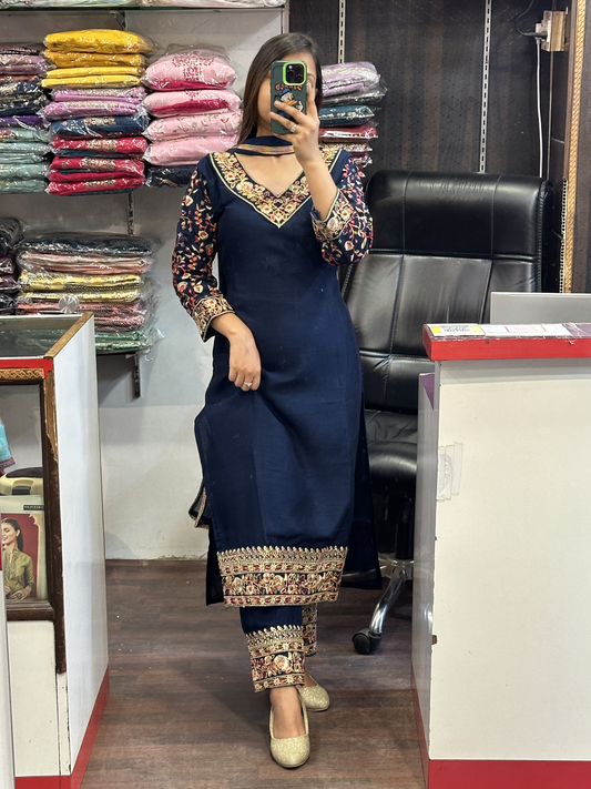 Blue Straight Kurta Pant Suit With Embroidery Stuff Vichitra