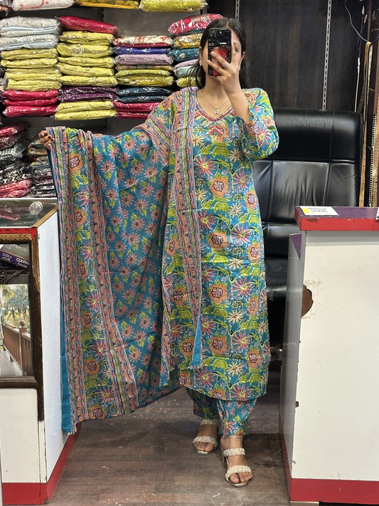 Afghani Salwar Pure Cotton V Neck Original Mirror Work on Neck with Full Cotton Dupatta