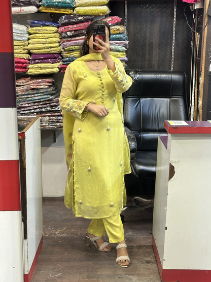 Hot Selling Organza Designer Suit with Handwork Sleeves with Pant and Full Brush Paint Organza Dupatta