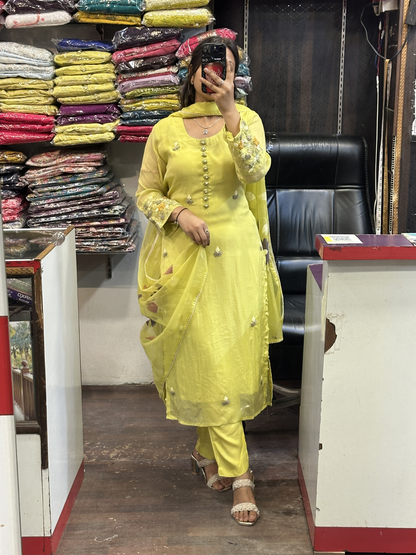 Hot Selling Organza Designer Suit with Handwork Sleeves with Pant and Full Brush Paint Organza Dupatta