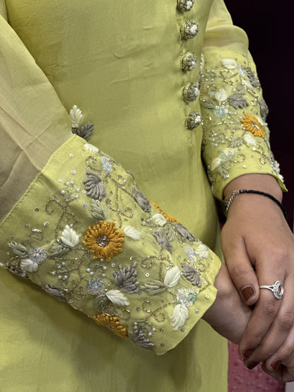 Hot Selling Organza Designer Suit with Handwork Sleeves with Pant and Full Brush Paint Organza Dupatta