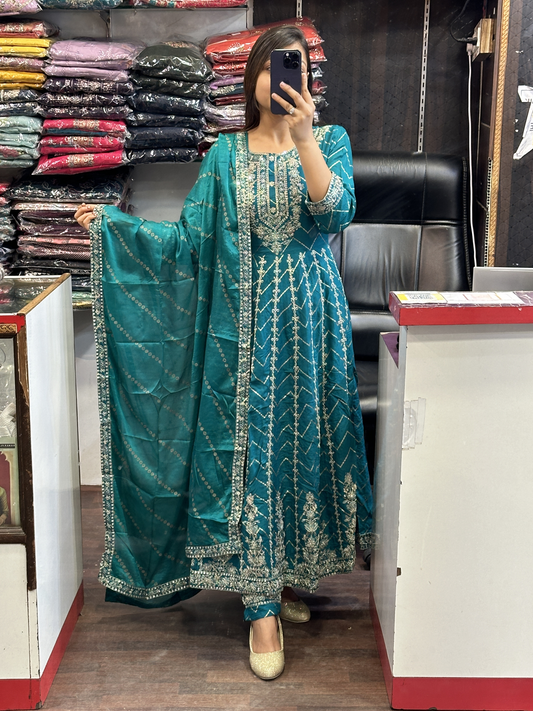 Beautiful C Green Handwork with full kali Cotton Anarkali suit with embroidered pant & Chinon dupatta