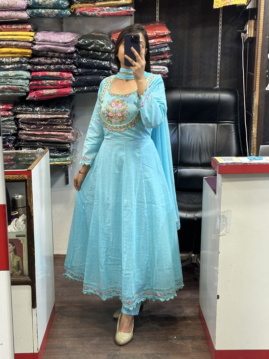 Sky Blue Pure cotton handwork anarkali suit with lining & dupatta