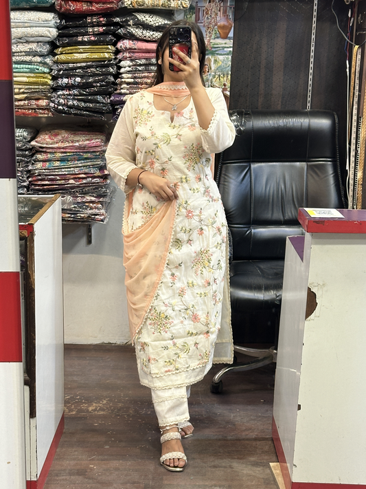 Off White Hand Embroidery Sequence Work Cotton Kurta with lining, Pant & Pure contrast Dupatta