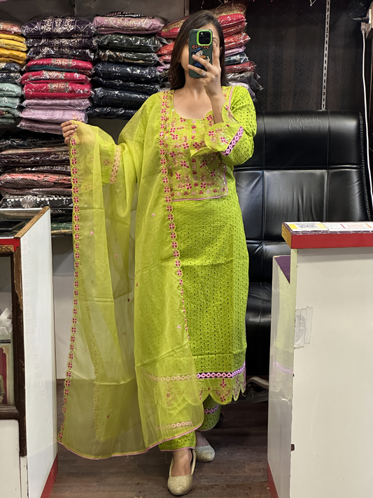 Parrot green Chifli cotton Embroidered Suit with lining and Organza dupatta