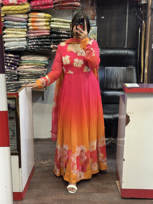 Hot Pink & Orange Soft Chiffon Floral Print Full Flair Anarkali Suit with Hand Embroidery Work on Neck & Embroidered Organza Dupatta