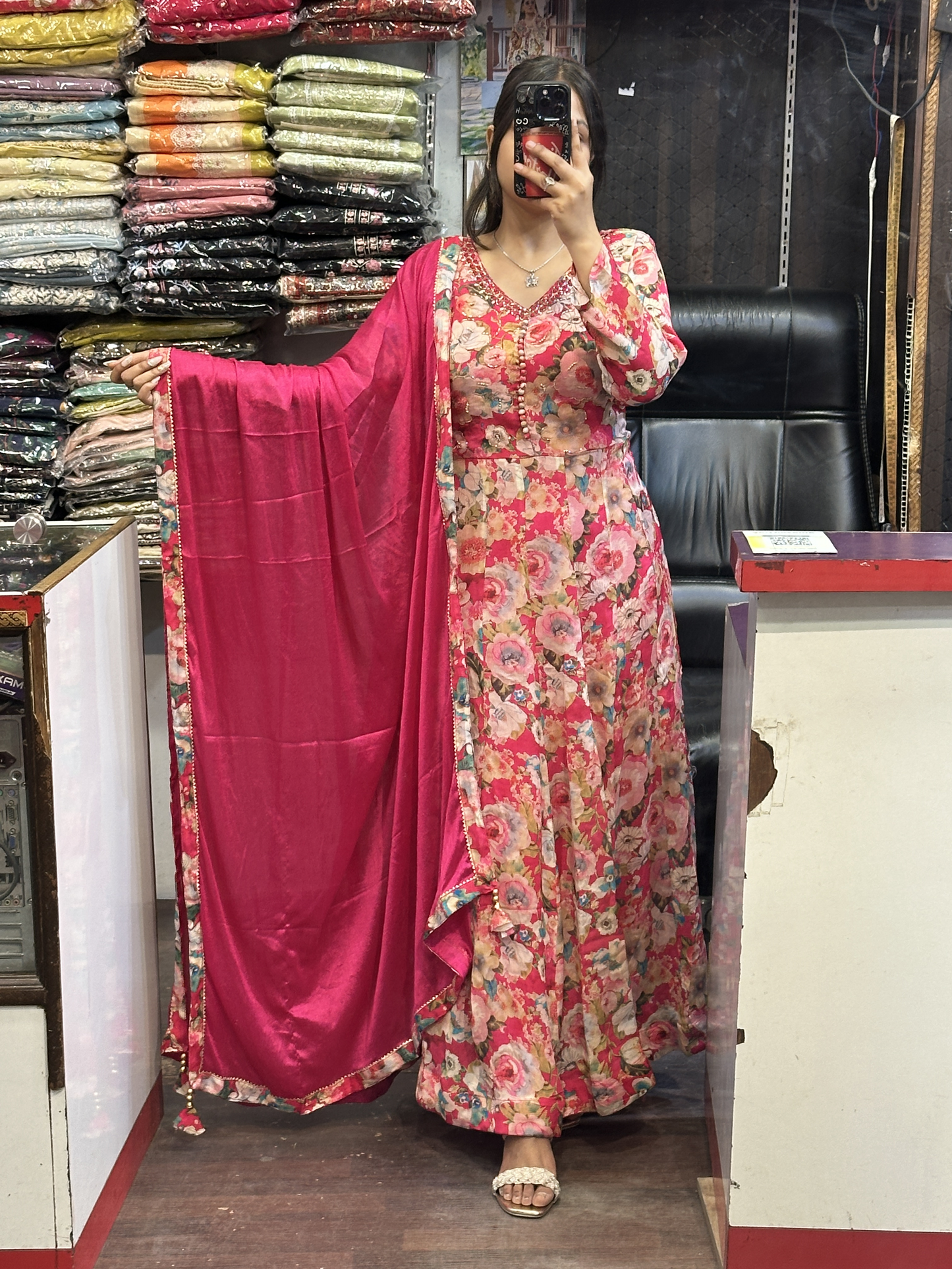 Chinnon embroidered printed anarkali dress 3pc with Pant and dupatta