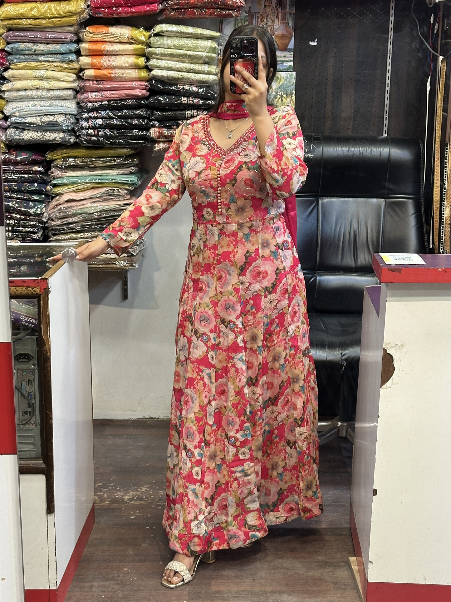 Chinnon embroidered printed anarkali dress 3pc with Pant and dupatta