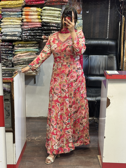 Chinnon embroidered printed anarkali dress 3pc with Pant and dupatta
