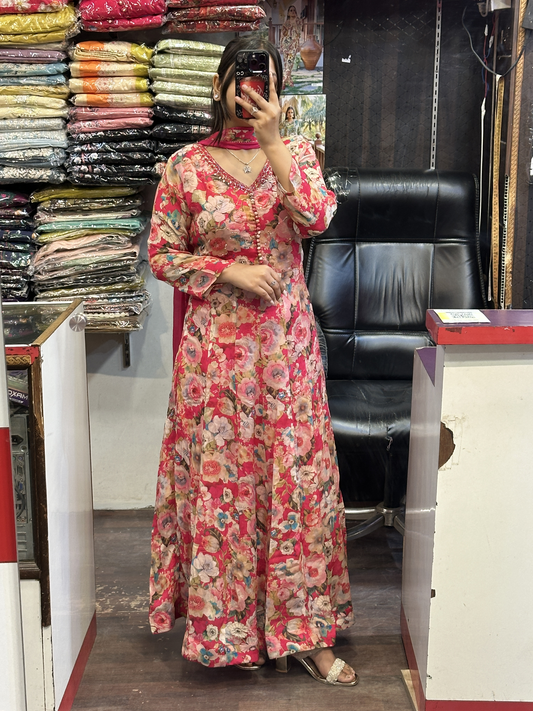 Chinnon embroidered printed anarkali dress 3pc with Pant and dupatta