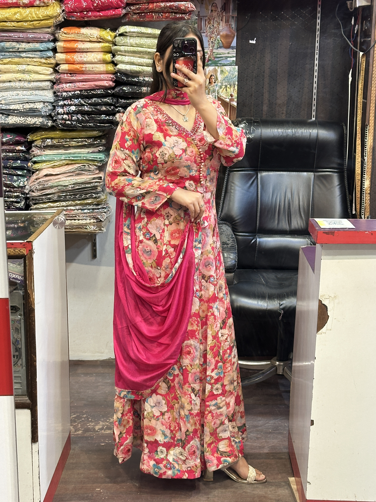 Chinnon embroidered printed anarkali dress 3pc with Pant and dupatta