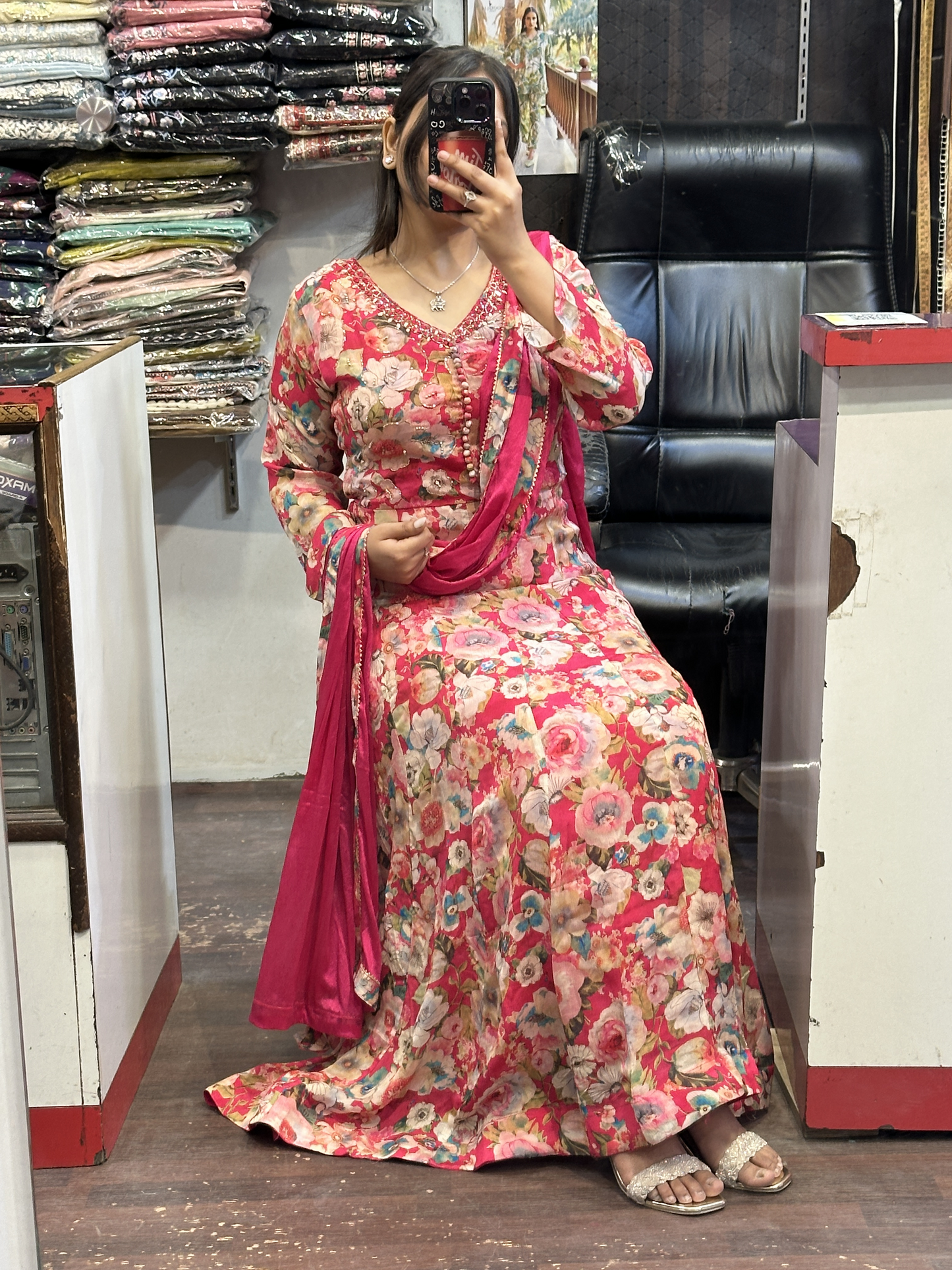 Chinnon embroidered printed anarkali dress 3pc with Pant and dupatta