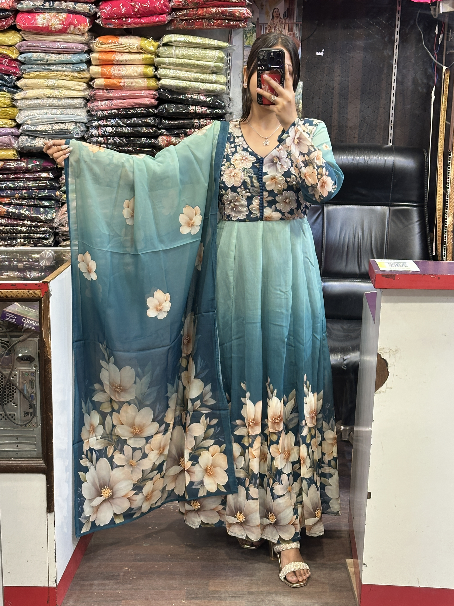Blue Soft Organza Floral Print Full Flair Anarkali Suit with Hand Embroidery Work on Neck & Embroidered Organza Dupatta