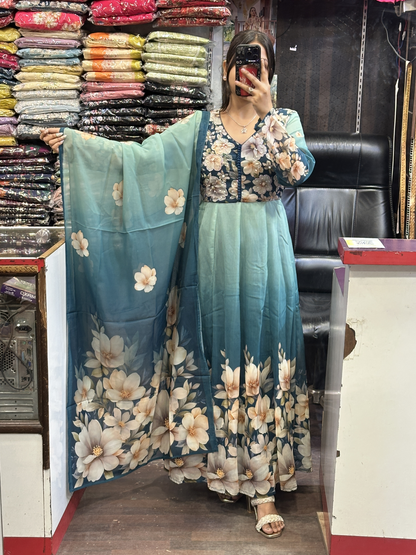 Blue Soft Organza Floral Print Full Flair Anarkali Suit with Hand Embroidery Work on Neck & Embroidered Organza Dupatta