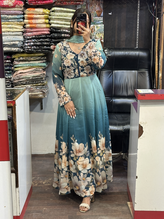 Blue Soft Organza Floral Print Full Flair Anarkali Suit with Hand Embroidery Work on Neck & Embroidered Organza Dupatta