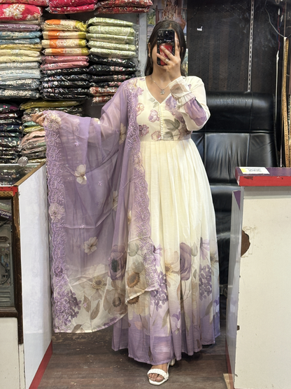 Cream & Lavender Soft Chiffon Floral Print Full Flair Anarkali Suit with Hand Embroidery Work on Neck & Embroidered Organza Dupatta