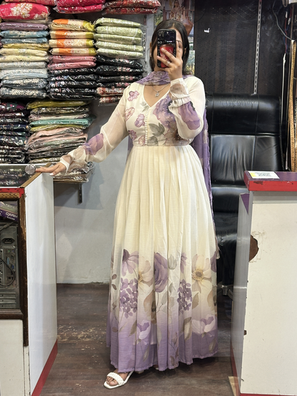 Cream & Lavender Soft Chiffon Floral Print Full Flair Anarkali Suit with Hand Embroidery Work on Neck & Embroidered Organza Dupatta