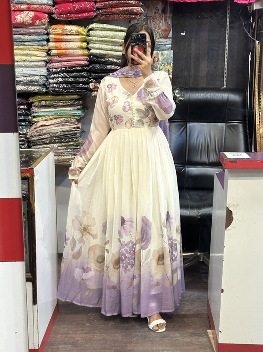 Cream & Lavender Soft Chiffon Floral Print Full Flair Anarkali Suit with Hand Embroidery Work on Neck & Embroidered Organza Dupatta