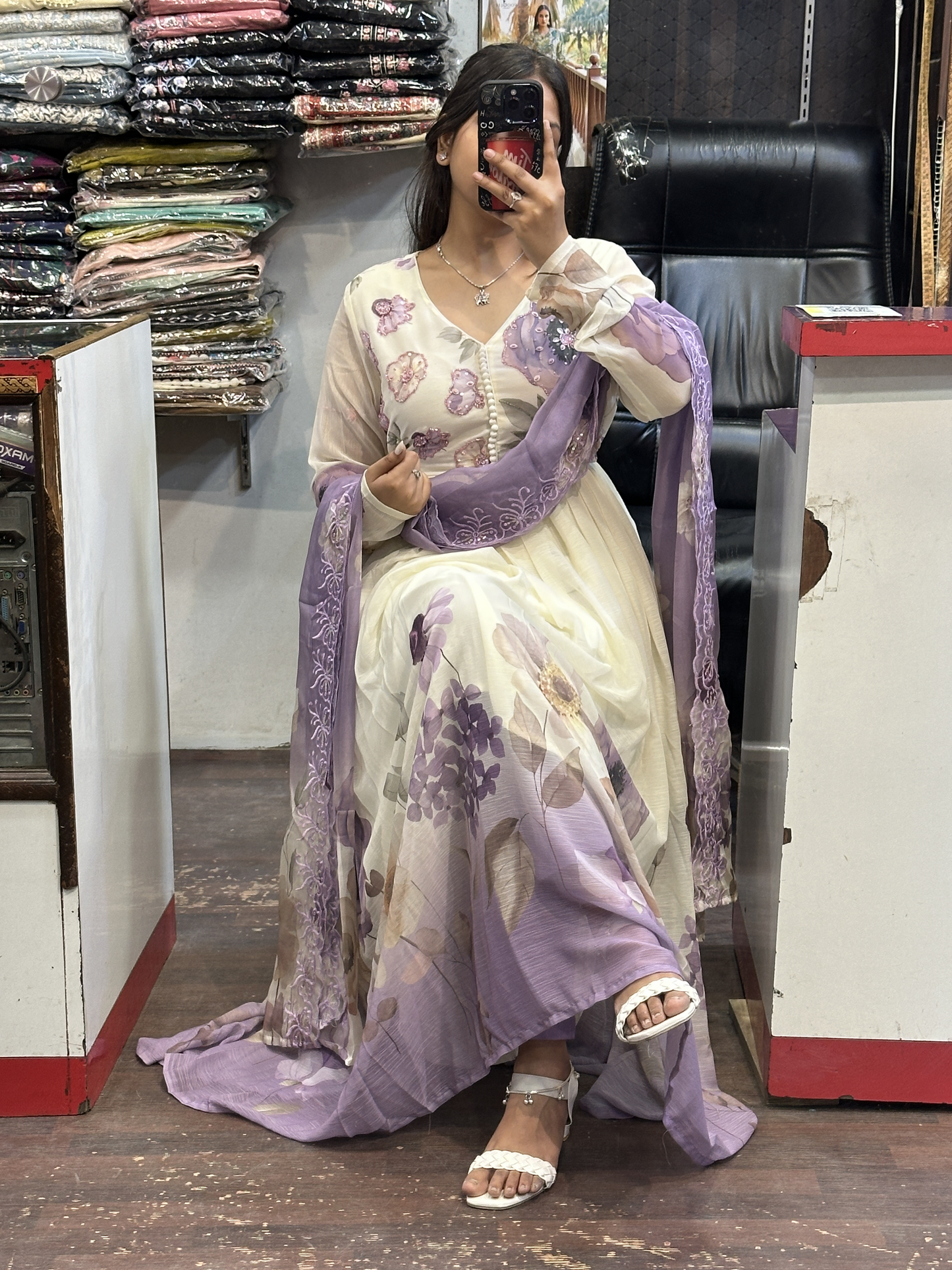 Cream & Lavender Soft Chiffon Floral Print Full Flair Anarkali Suit with Hand Embroidery Work on Neck & Embroidered Organza Dupatta
