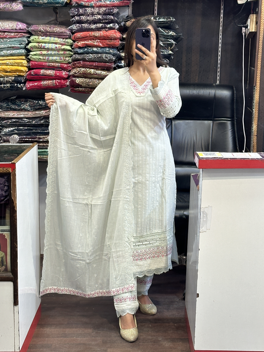 Aqua light green Pant suit with lining & handwork with pure cotton dupatta