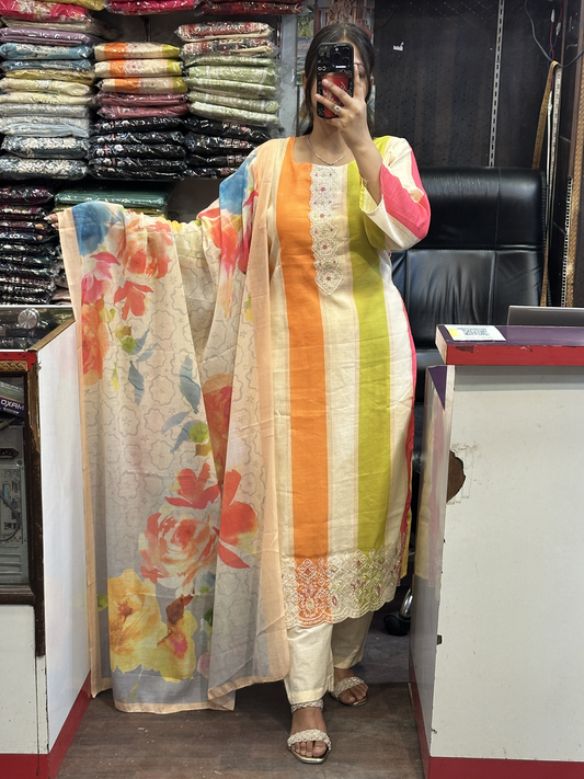 Multi Colour Cotton Linen Stripes Suit Neck Handwork with Mal Lining Along Pant And Printed Dupatta