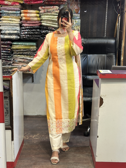 Multi Colour Cotton Linen Stripes Suit Neck Handwork with Mal Lining Along Pant And Printed Dupatta