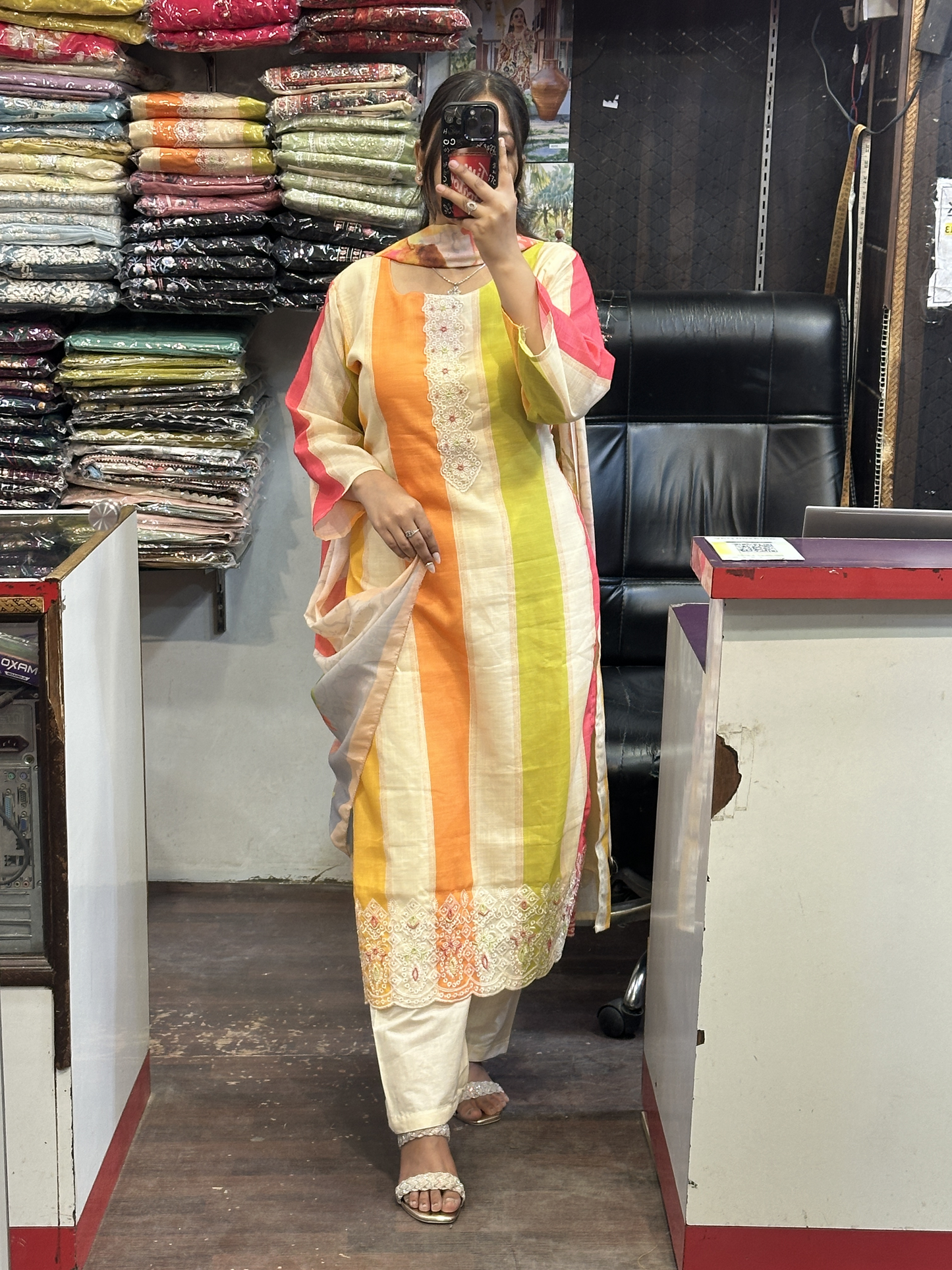 Multi Colour Cotton Linen Stripes Suit Neck Handwork with Mal Lining Along Pant And Printed Dupatta