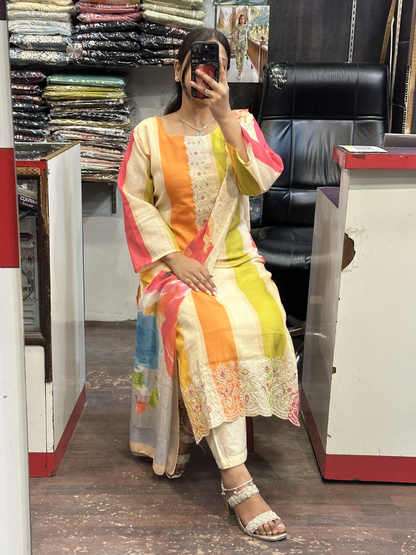 Multi Colour Cotton Linen Stripes Suit Neck Handwork with Mal Lining Along Pant And Printed Dupatta