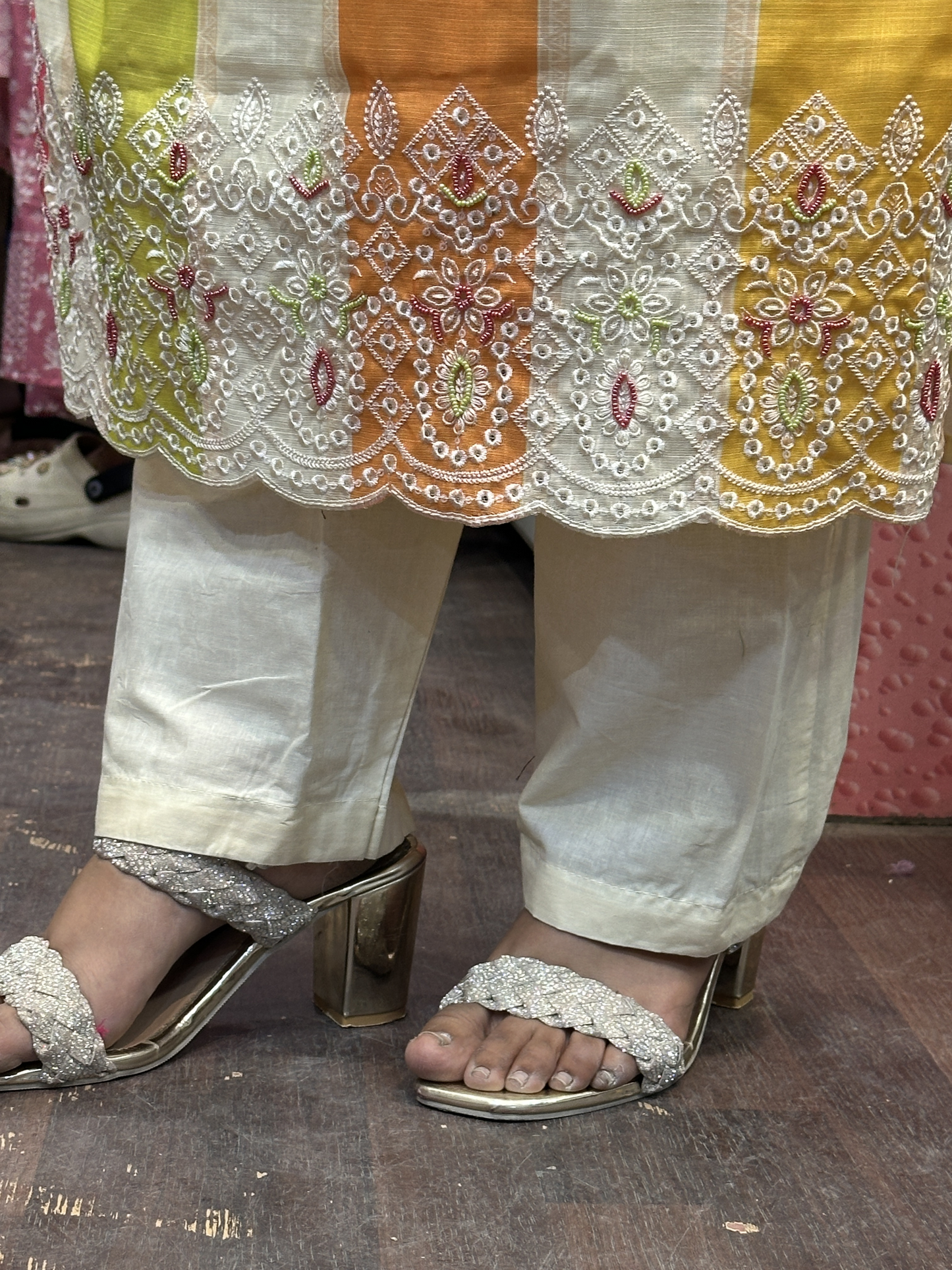 Multi Colour Cotton Linen Stripes Suit Neck Handwork with Mal Lining Along Pant And Printed Dupatta