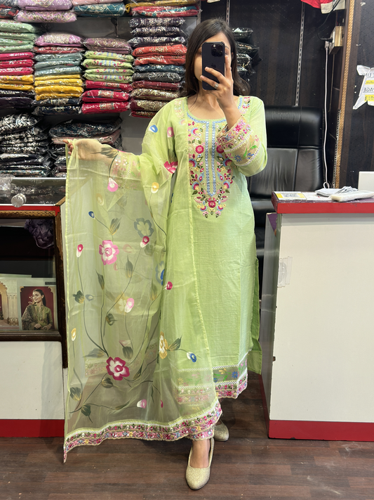 Pista green Cotton pant suit with handwork & brush paint along with Organza Hand paint dupatta
