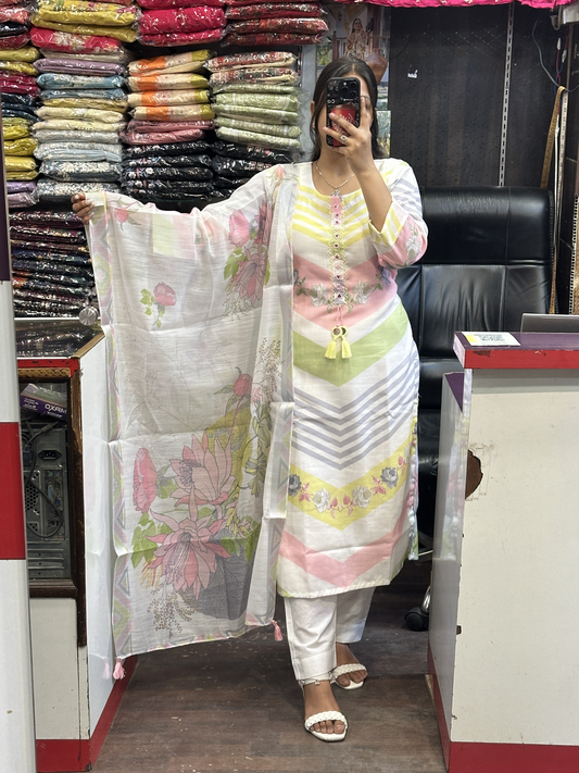 Cotton Linen Digital Printed Straight Kurti with Mal Lining Pinted Dupatta And Cotton Pants