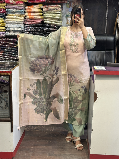 Premium Silmona Soft Slub Silk Digital Printed Straight Kurti with Mal Lining Designer Dori Coding Neck Embroidery with Silk Jaquard Digital Printed Dupatta