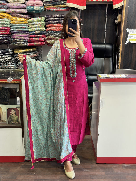Pink Cotton Silk Hand embroidered Knot Knot kurta Pant With Contrast muslin Dupatta