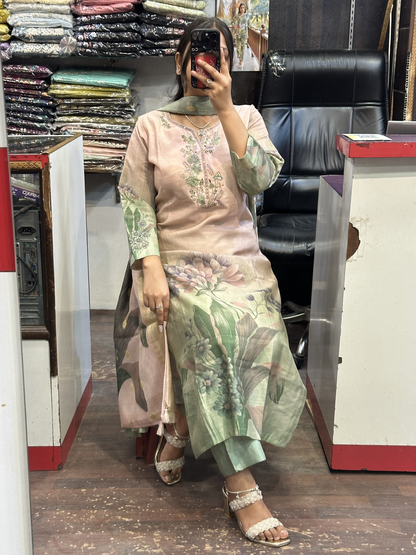 Premium Silmona Soft Slub Silk Digital Printed Straight Kurti with Mal Lining Designer Dori Coding Neck Embroidery with Silk Jaquard Digital Printed Dupatta