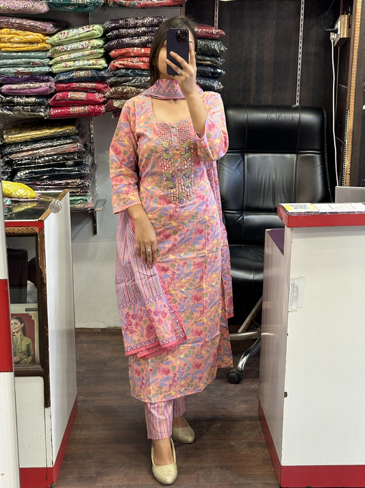 Beautiful pure cotton pastel shade printed kurta pant suit neck hand embroidered mirror work along side full cotton printed dupatta
