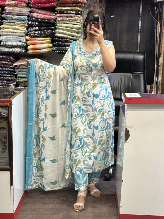 White & Sky Blue Mirror Work Cotton Pant Suit with Full Floral Cotton Dupatta( Full Sleeves Attached inside )