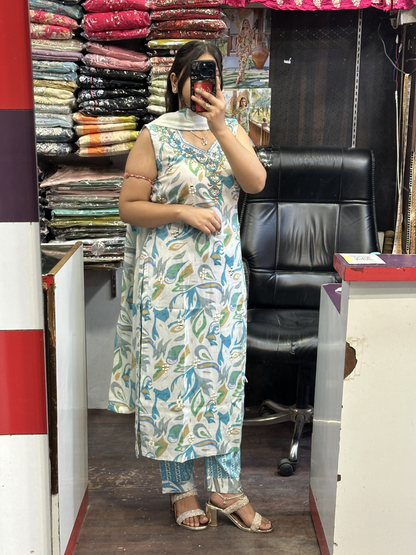 White & Sky Blue Mirror Work Cotton Pant Suit with Full Floral Cotton Dupatta( Full Sleeves Attached inside )