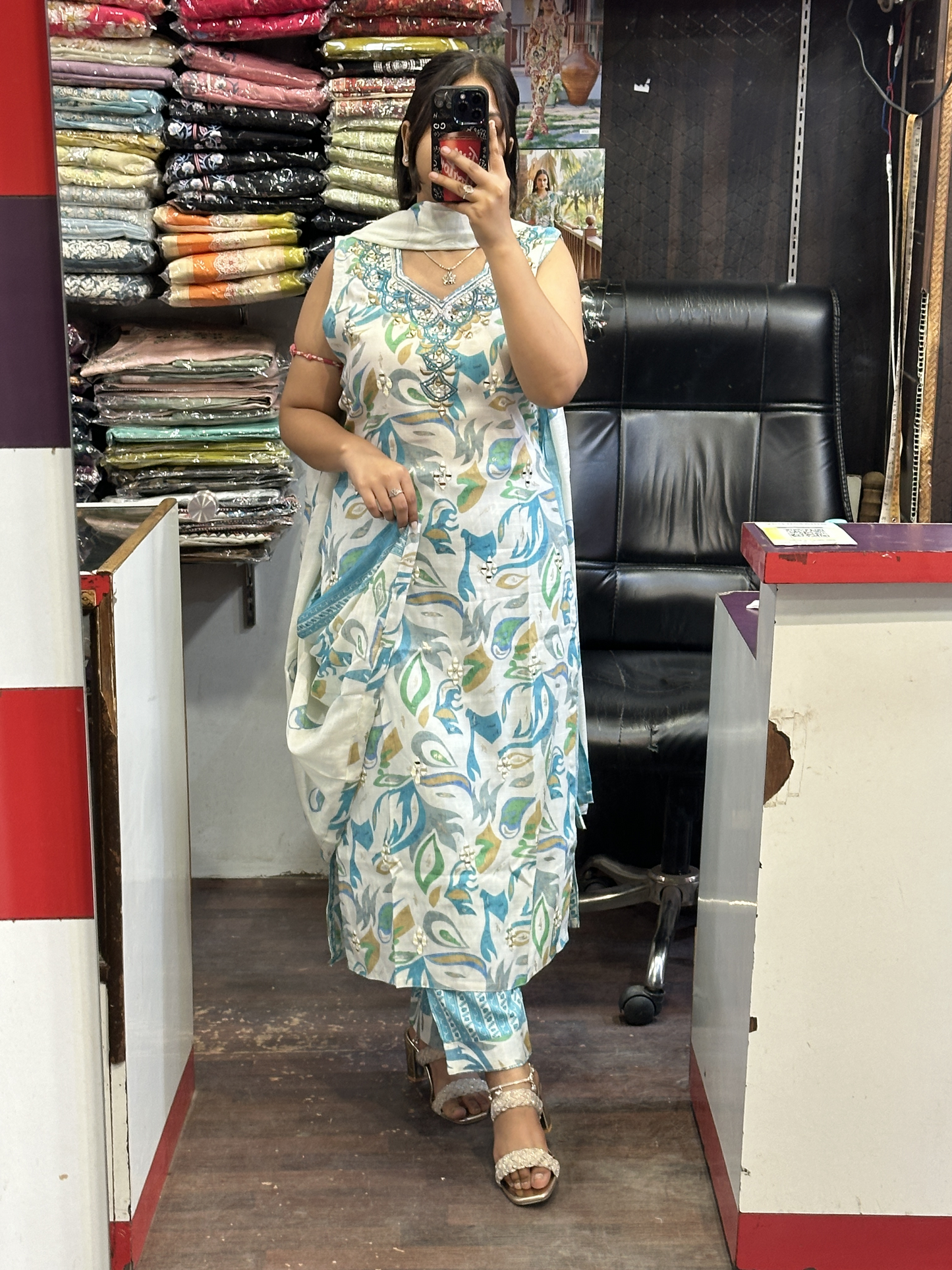 White & Sky Blue Mirror Work Cotton Pant Suit with Full Floral Cotton Dupatta( Full Sleeves Attached inside )