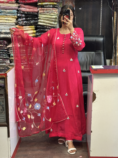 Hot Pink Organza Designer Anarkali Dress with Handwork Sleeves with Pant and Full Brush Paint Organza Dupatta