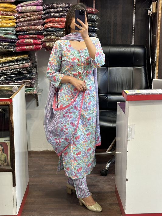 Beautiful pure cotton pastel shade printed kurta pant suit neck hand embroidered mirror work along side full cotton printed dupatta