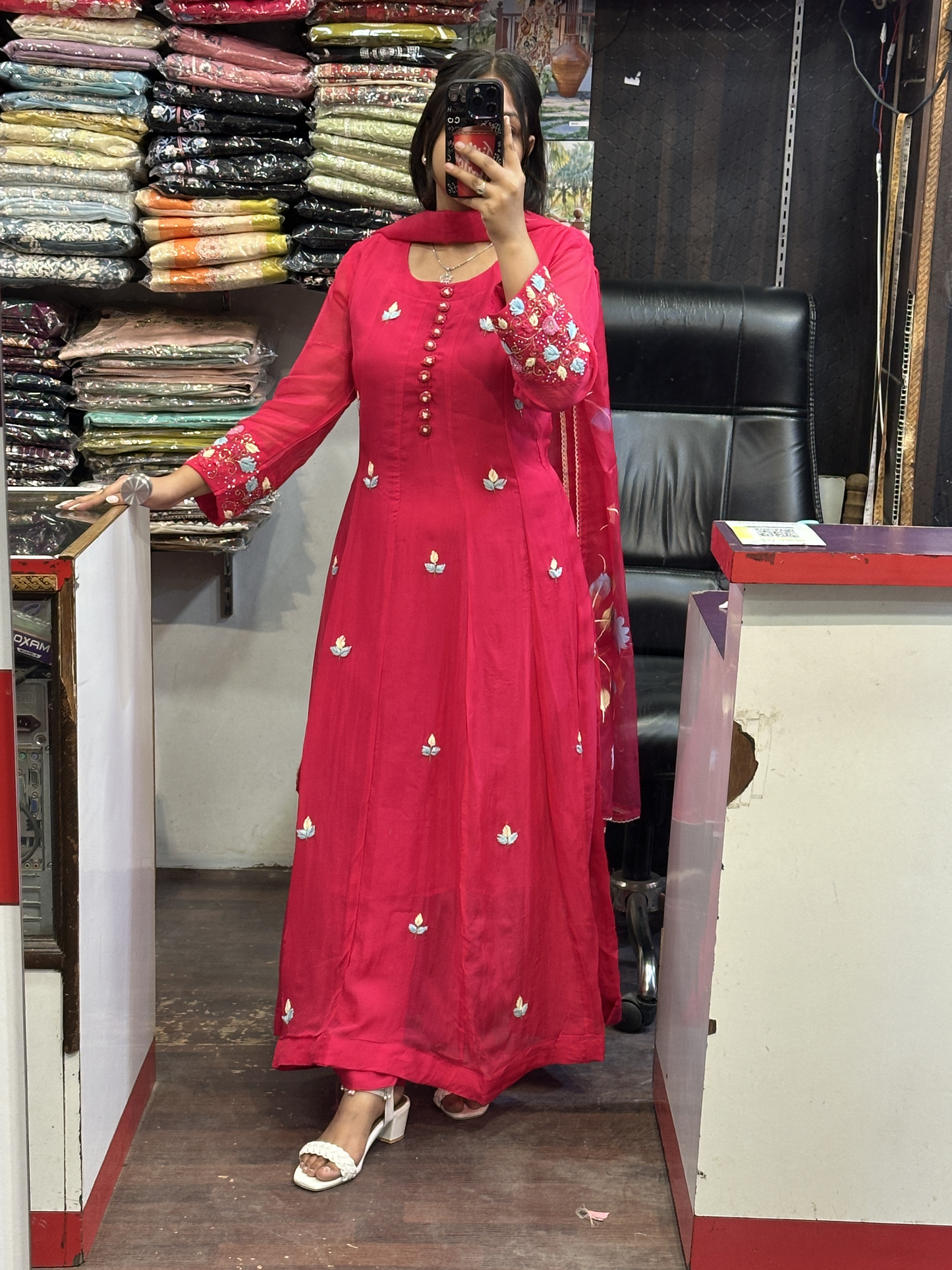 Hot Pink Organza Designer Anarkali Dress with Handwork Sleeves with Pant and Full Brush Paint Organza Dupatta