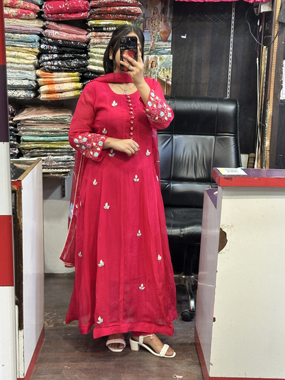 Hot Pink Organza Designer Anarkali Dress with Handwork Sleeves with Pant and Full Brush Paint Organza Dupatta